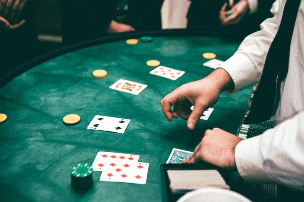 Dealer managing cards and chips on a premium casino table at a private casino night event in Long Island